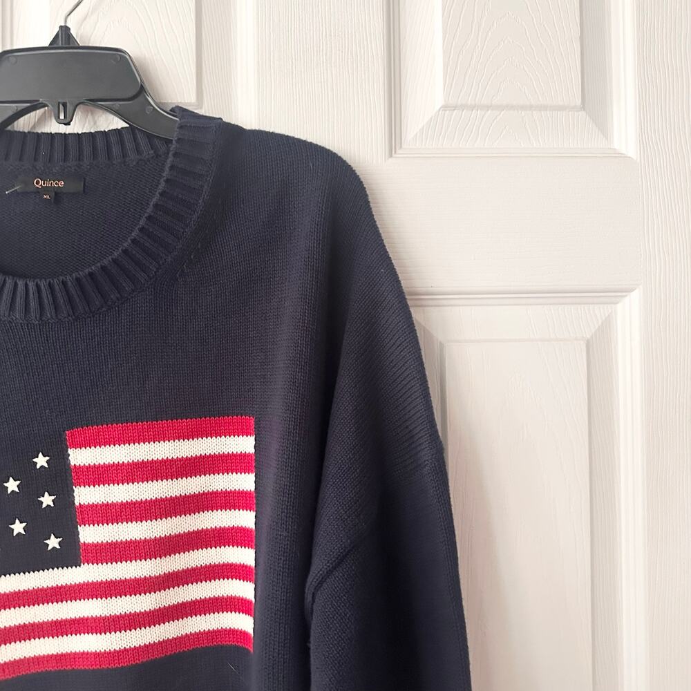 Quince Navy Blue Cotton Heavy Knit American Flag USA Patriotic Sweater XL - Picture 4 of 8